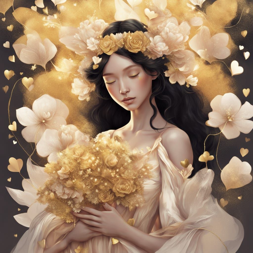 Whimsical Golden Goddess with Enchanted Blooms