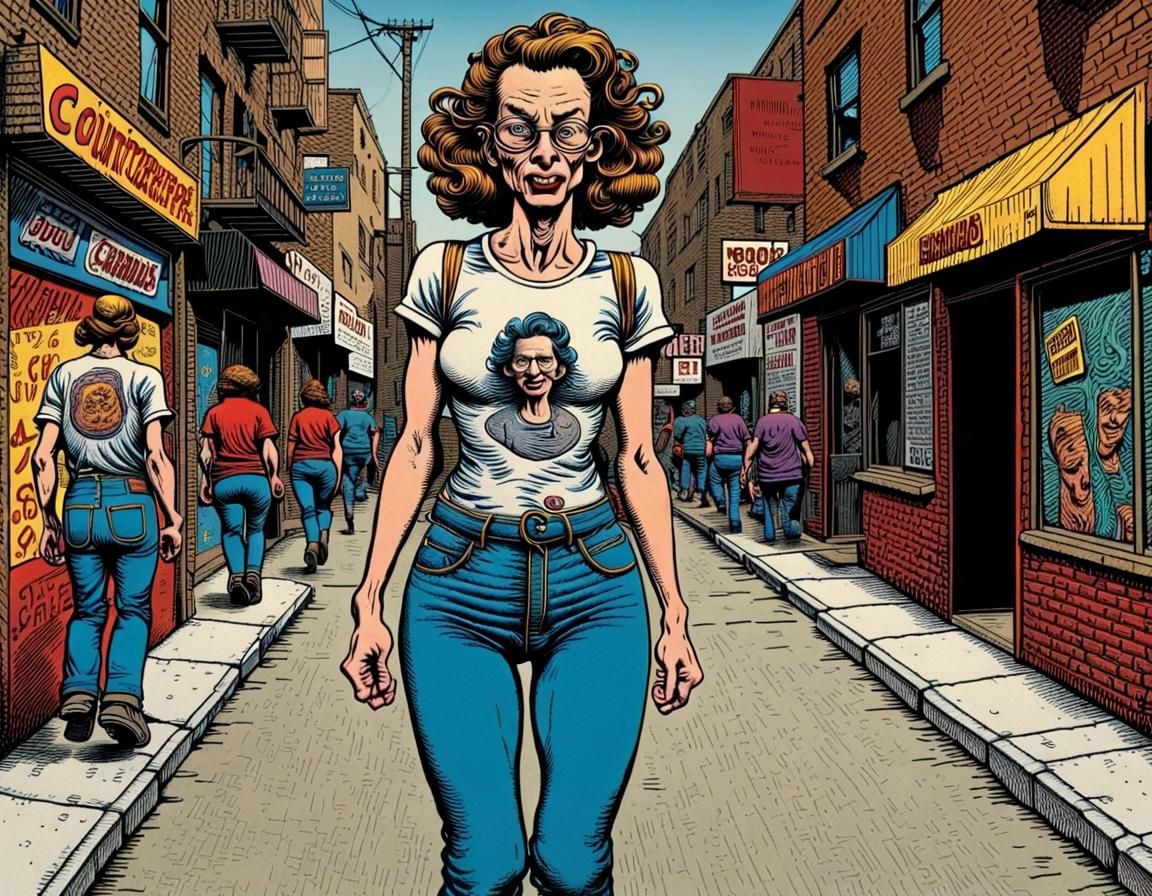 Woman Walking Street in Robert Crumb Style