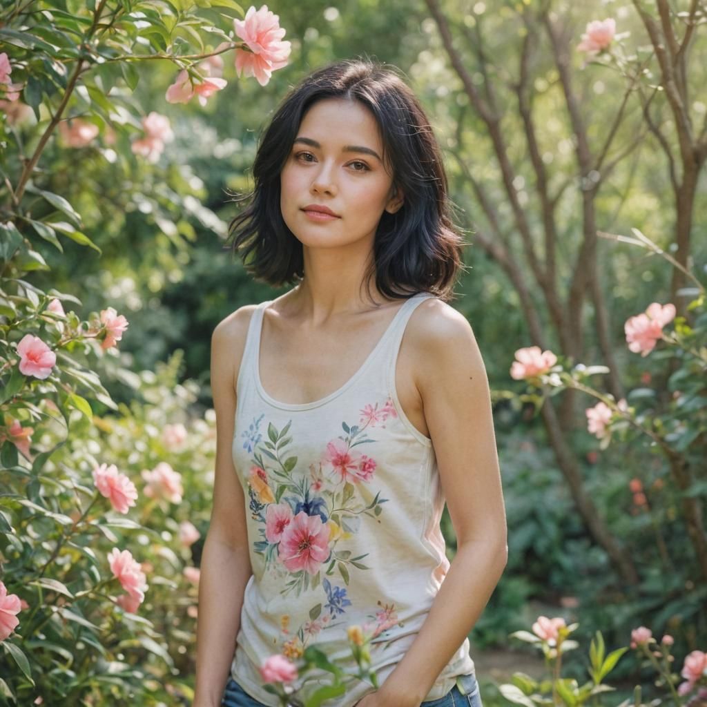 Watercolor Portrait of Woman in Garden