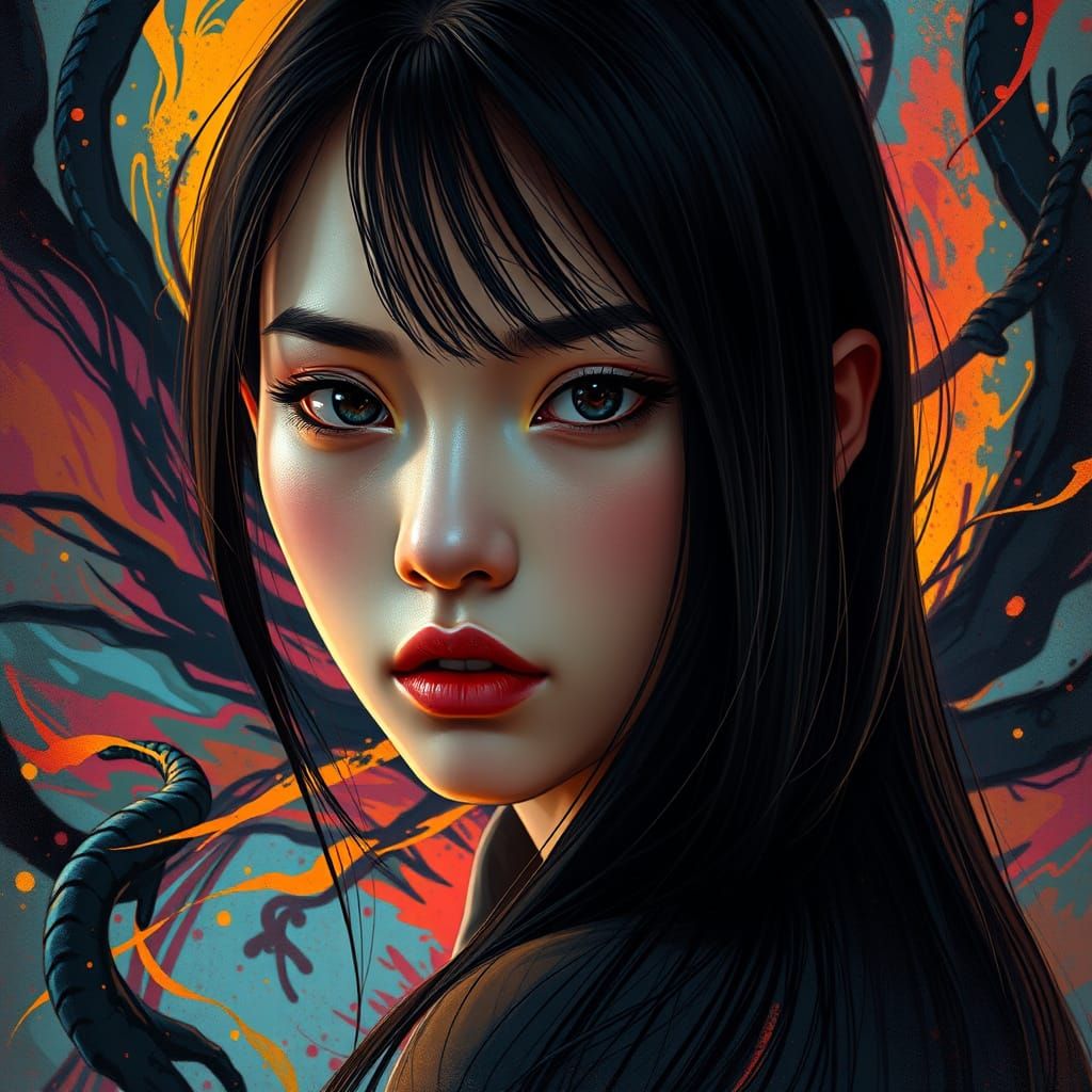 Sleek, Raven-Haired Woman in Hyperrealistic Portrait