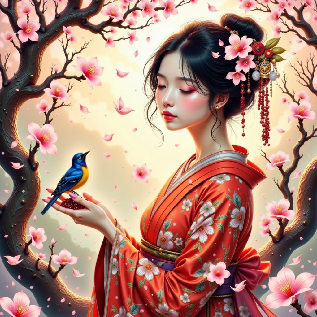 Woman in Kimono with Cherry Blossoms, Japanese Art Style