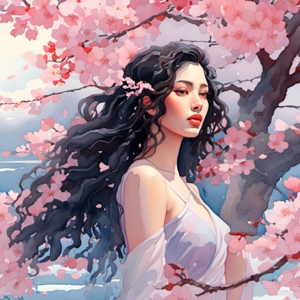 Watercolor Portrait of Woman by Cherry Blossom Tree