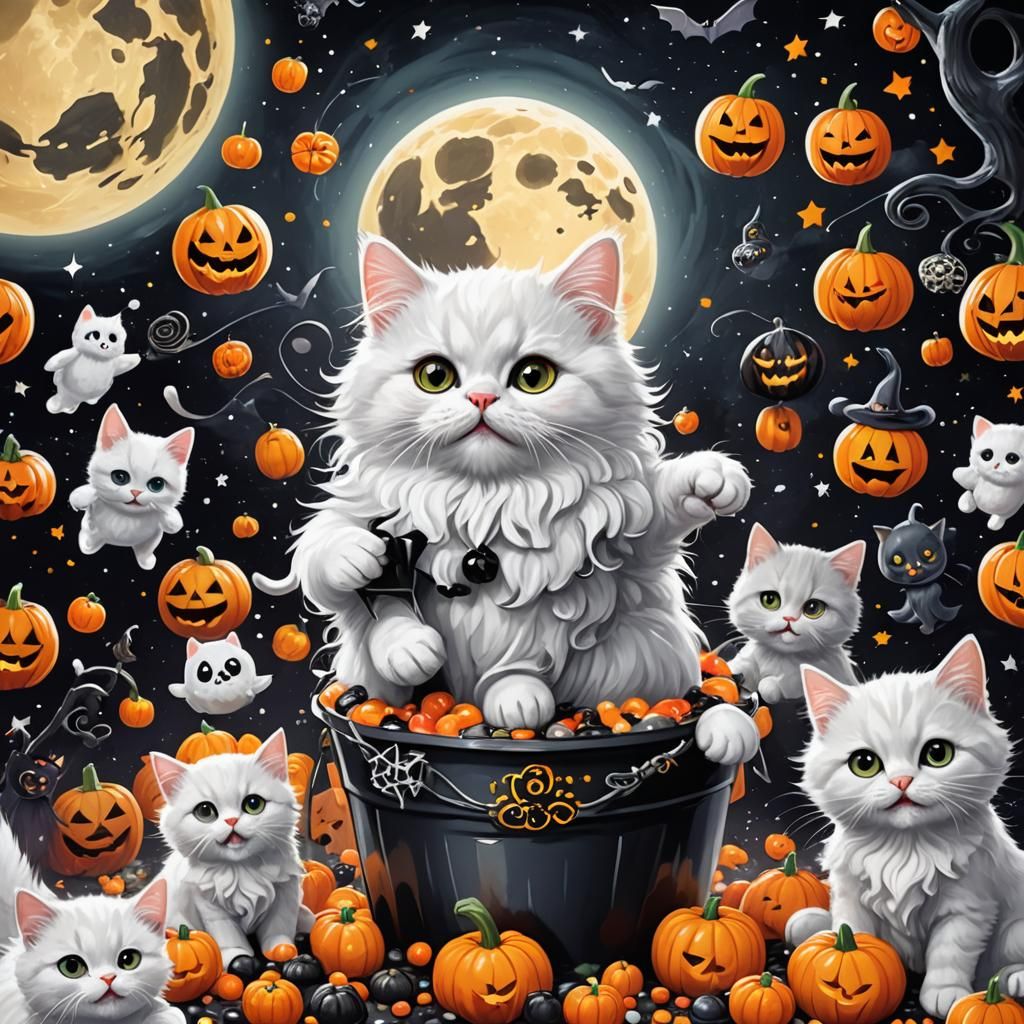 Whimsical Halloween Kittens Concept Art in Art Nouveau Style