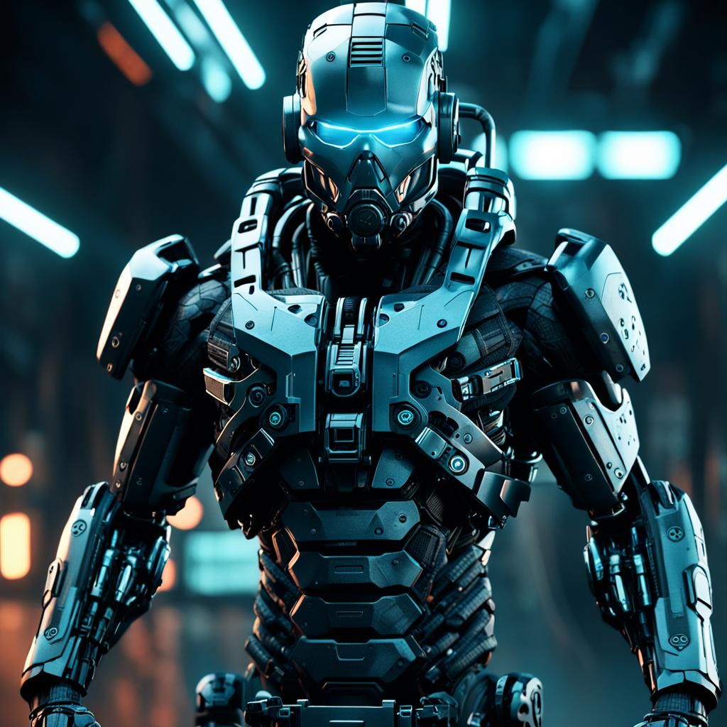 Film noir style, V-Ray Octane. cyberpunk style. Military Combat cyborg with carbon fiber exoskeleton. 3D octane renderin...