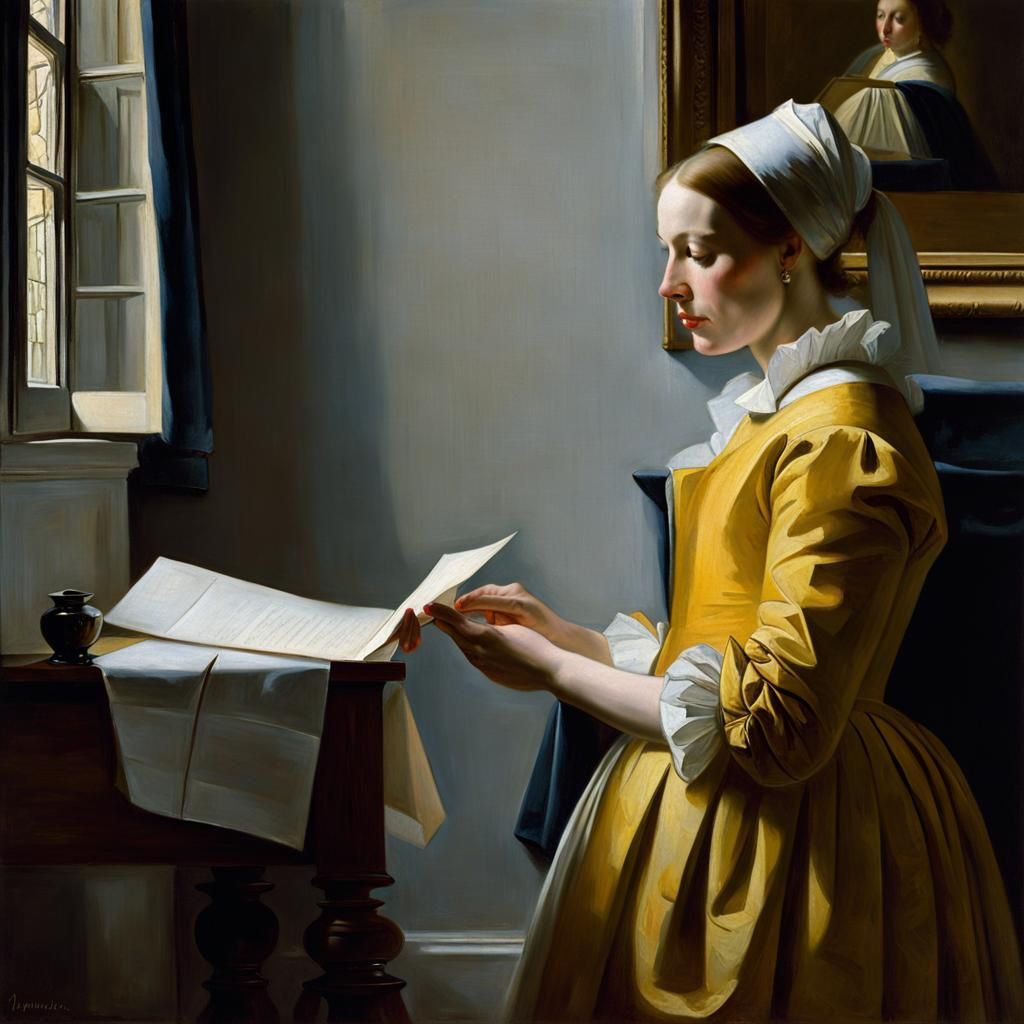 Art by Johannes Vermeer, a serene portrait of a woman reading a letter by a window, soft natural light illuminating her ...