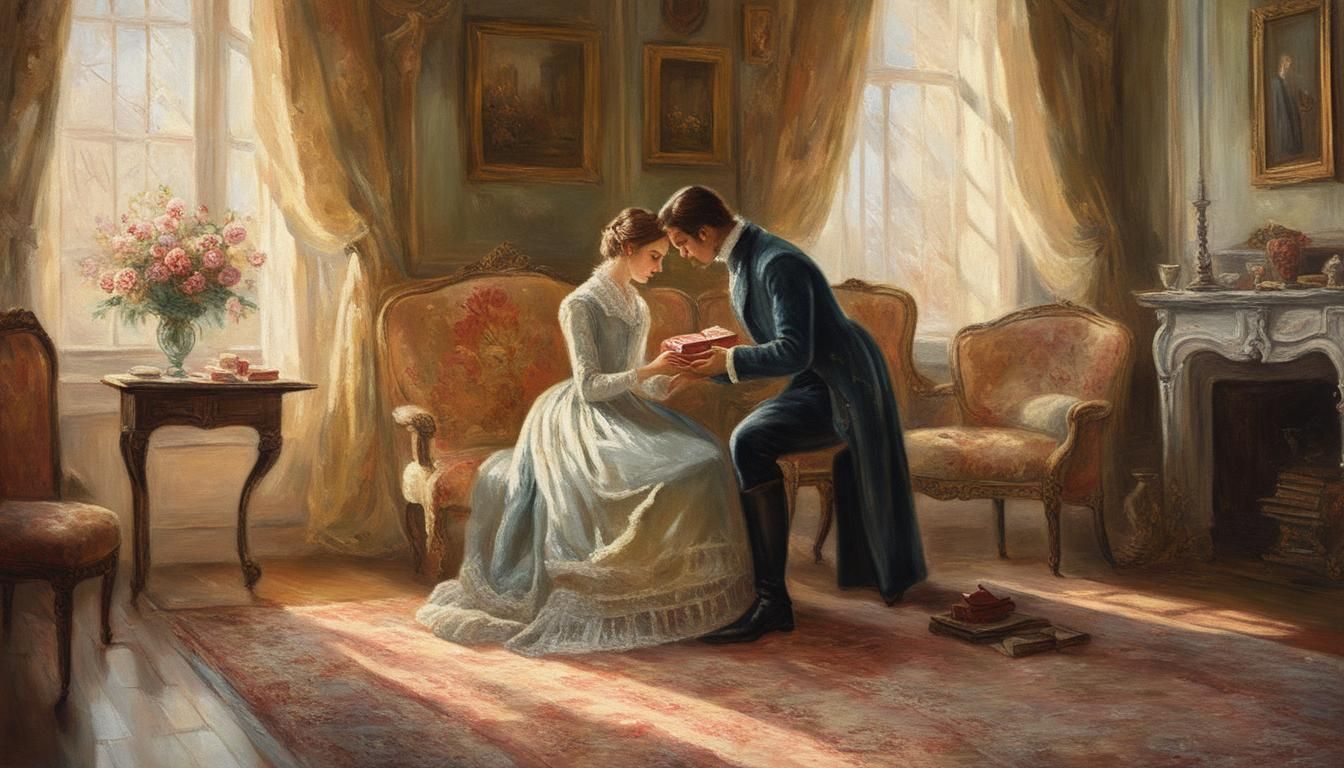 Victorian Couple Exchanging Gifts: Romantic Realism Painting