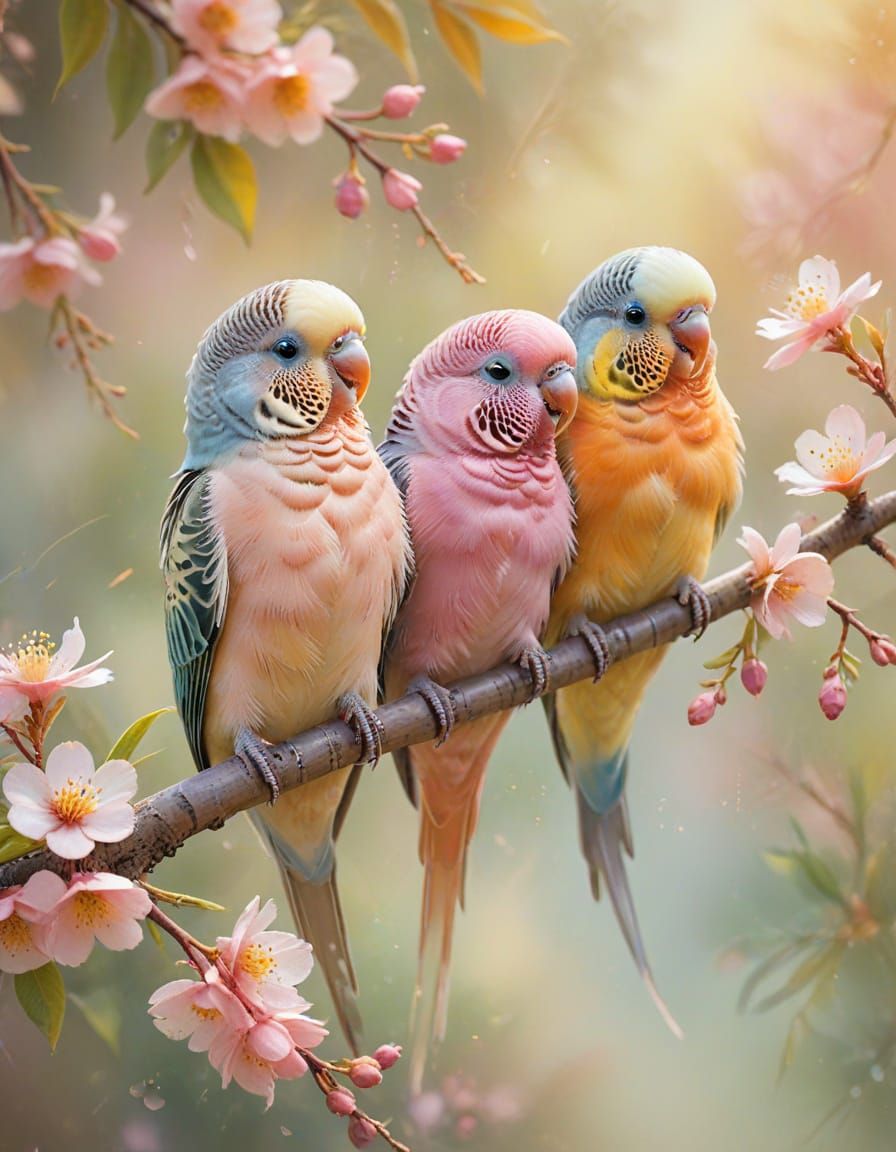 Impressionist Budgies in Watercolor with Golden Light