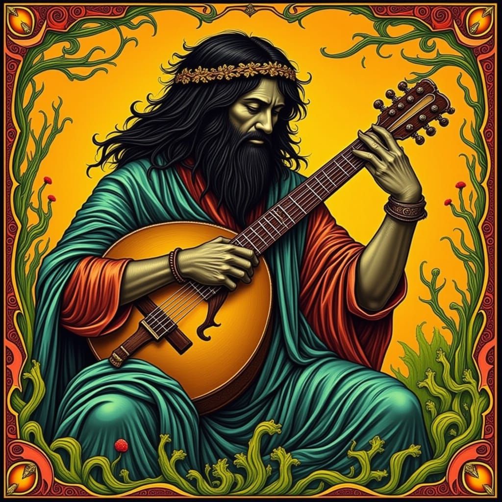 Druid Bard with Lyre in Impasto Celtic Style
