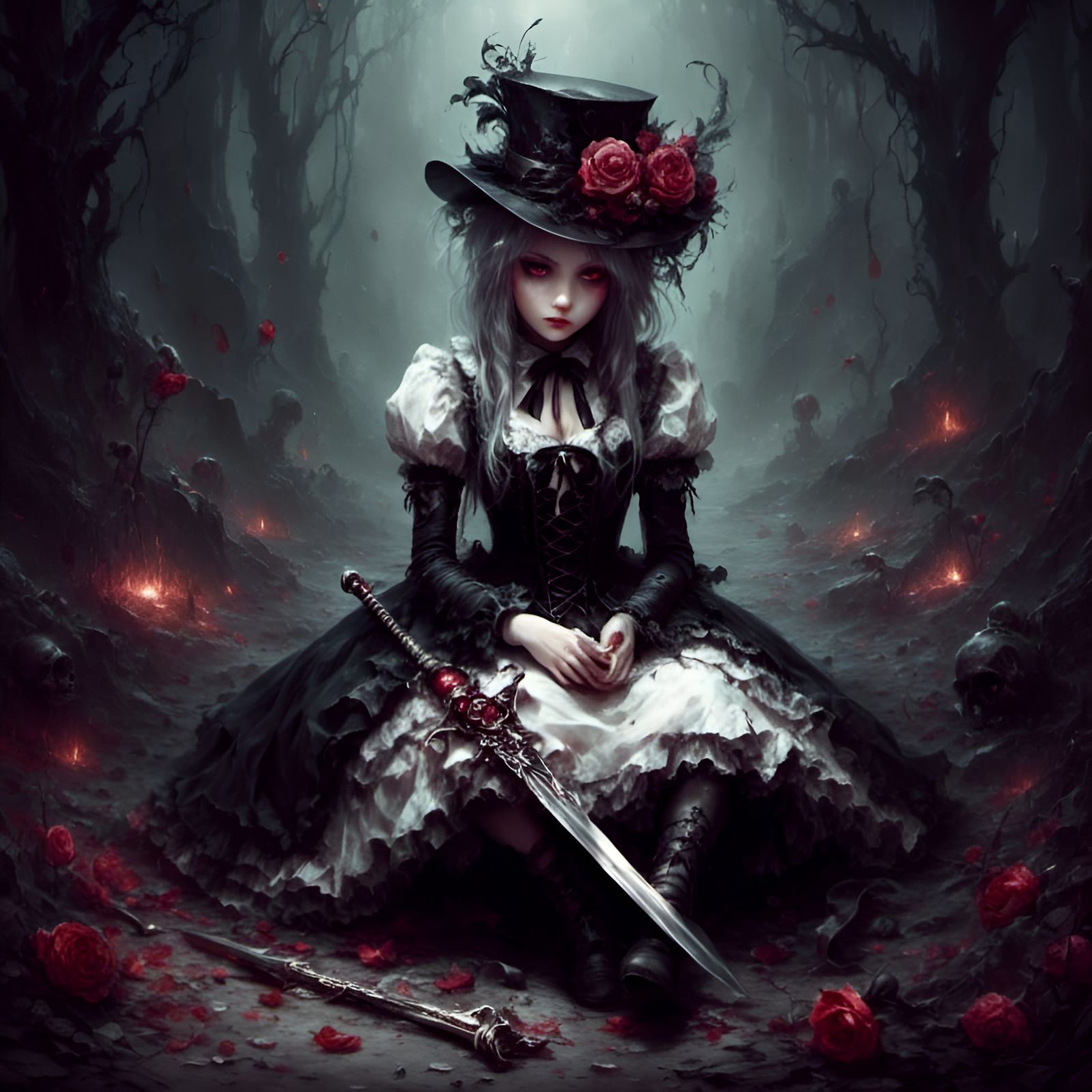 Anime Girl with Sword Rococo Macabre Style