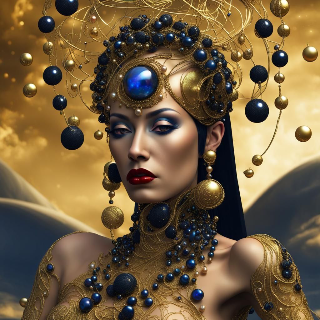 Celestial Spanish Woman in Gold Gouache Painting