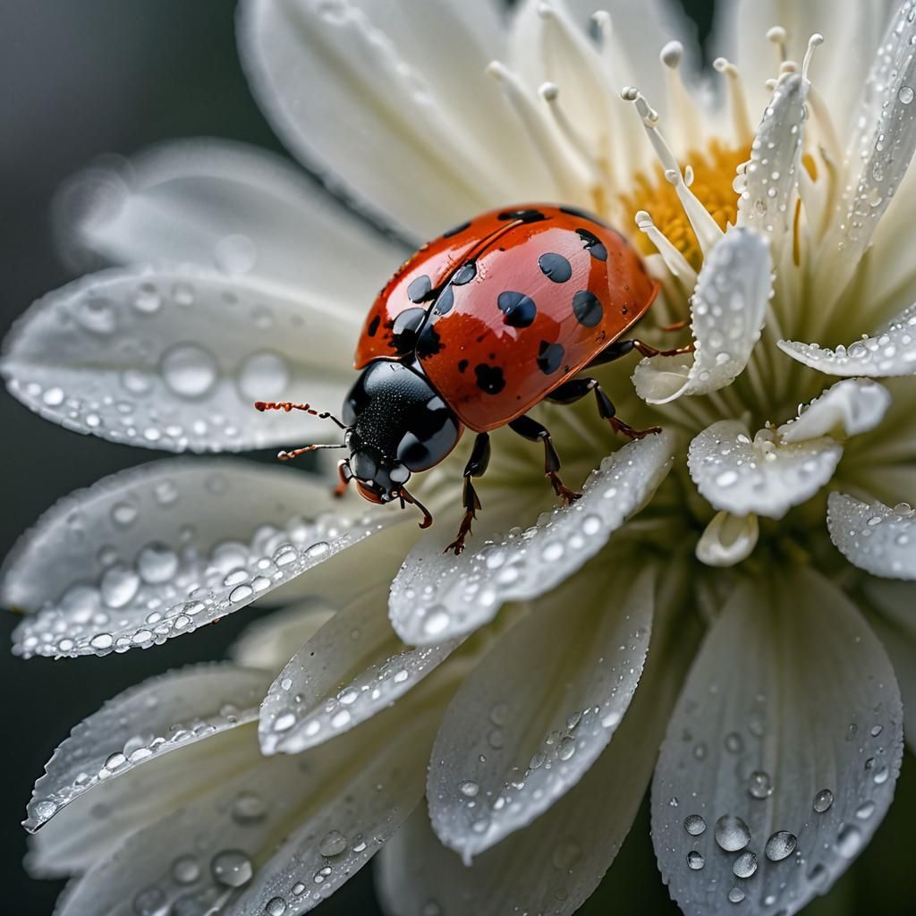 Macro Photo of Ladybug on Misty Flower