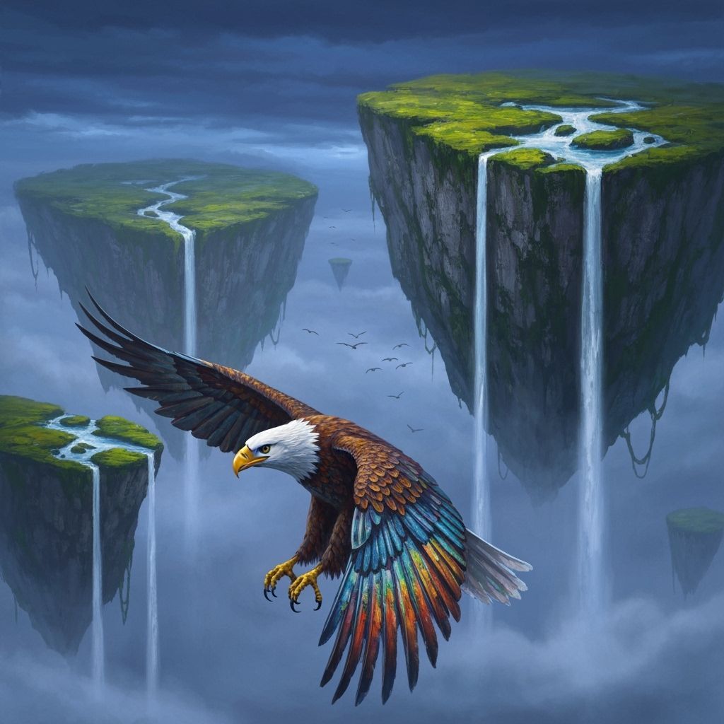 Majestic Eagle Soars Above Ancient Islands in Twilight Sky