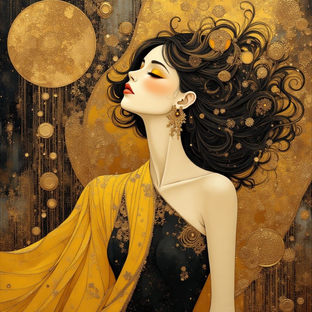 Nature Goddess in Klimt Style with Gold and Black Hues