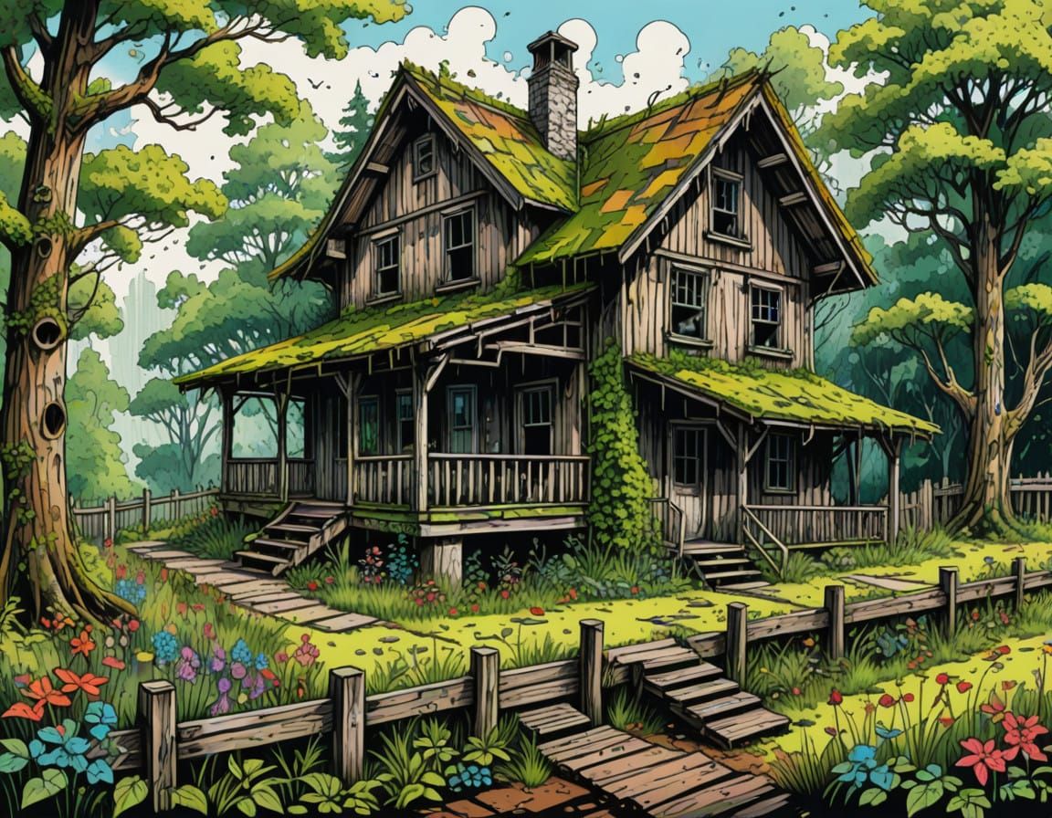 Ethereal Forest Abode in Ink Sketch Style