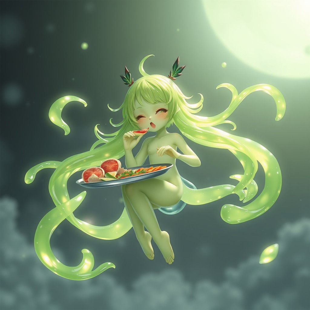 Lime-Green Slime Girl Floats, Eating: 3D Anime Art