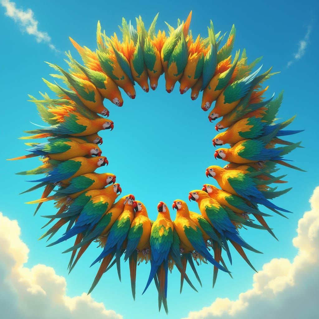 Vibrant Parrots Form Majestic Figure Eight Shape in the Sky