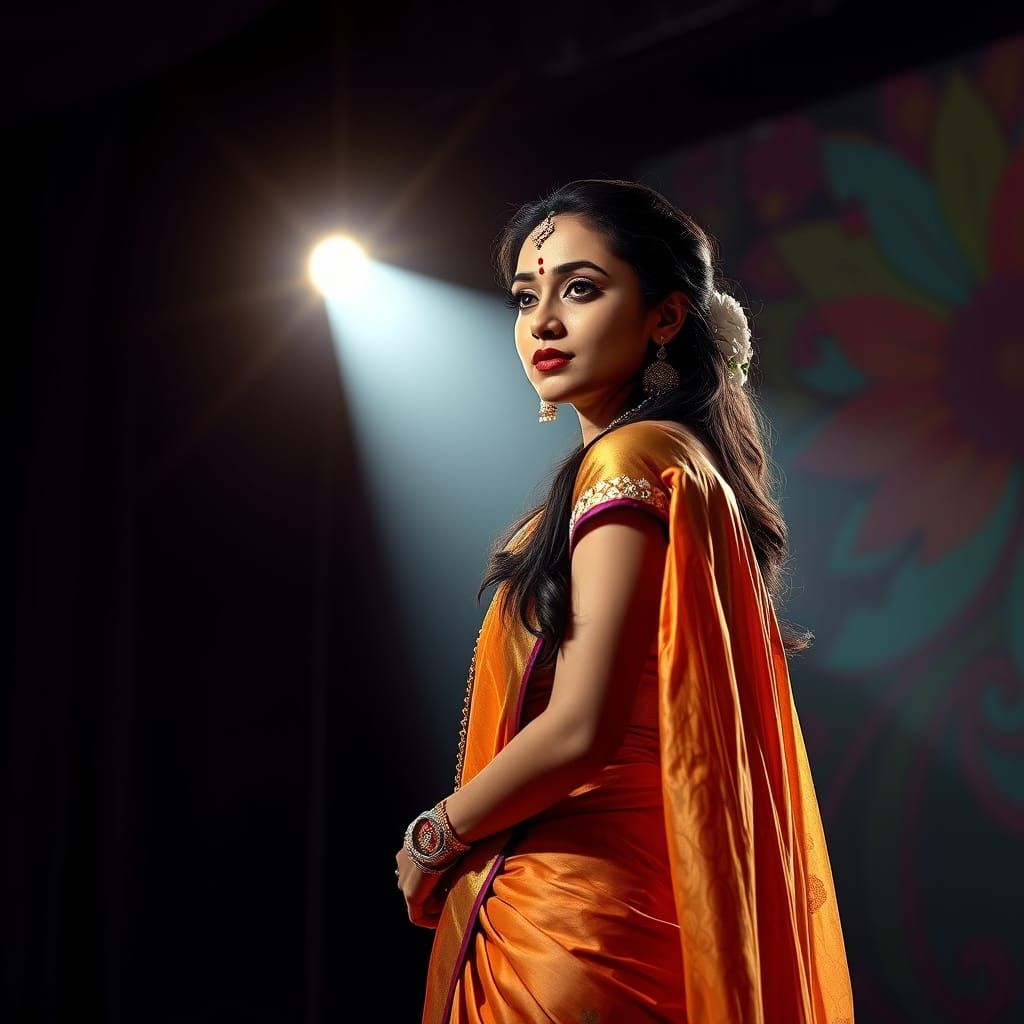 Stunning Indian Woman in Sari on Stage Under Spotlight