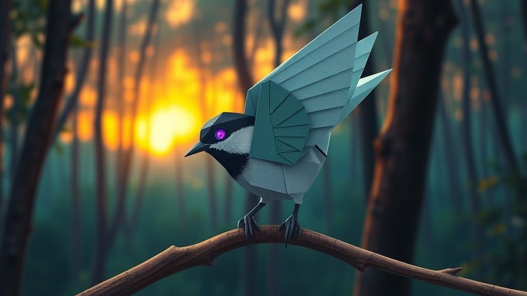 Origami Chickadee at Sunrise with Glowing Eyes