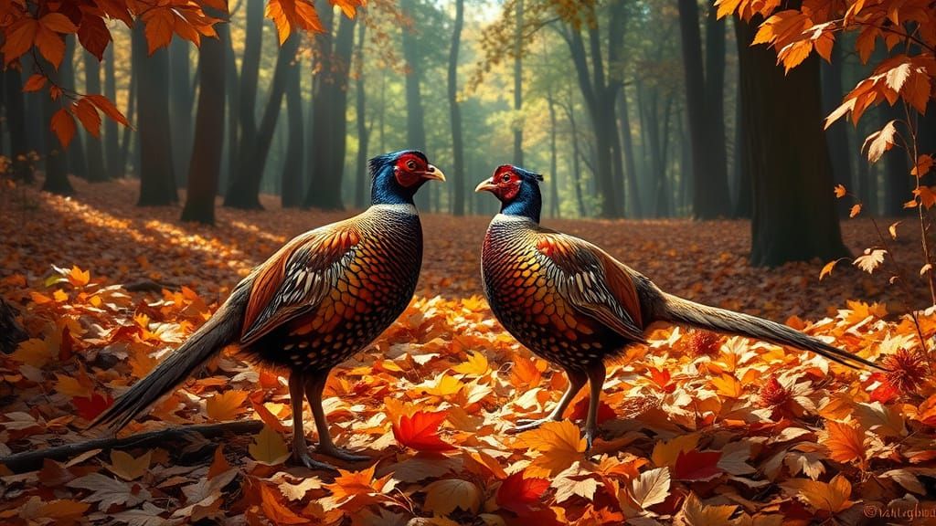 Intricate Pheasants in Autumn Forest