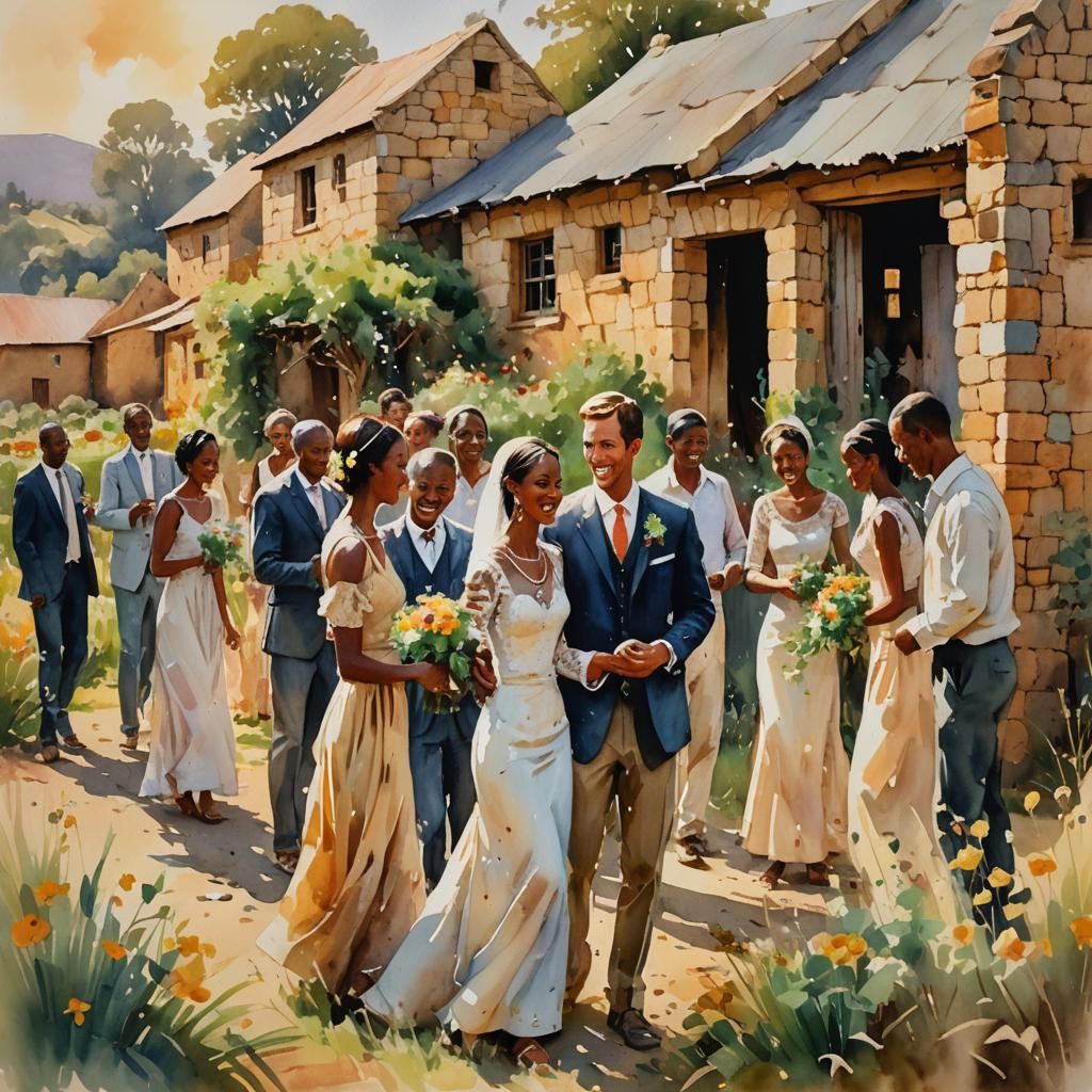 Watercolor Wedding Party in South African Farmyard