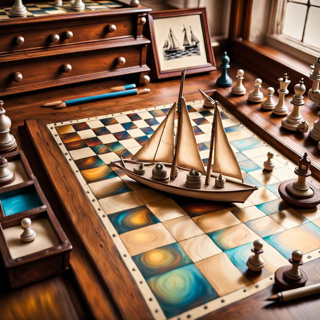 Magical Toy Sailboats on Chessboard Diorama