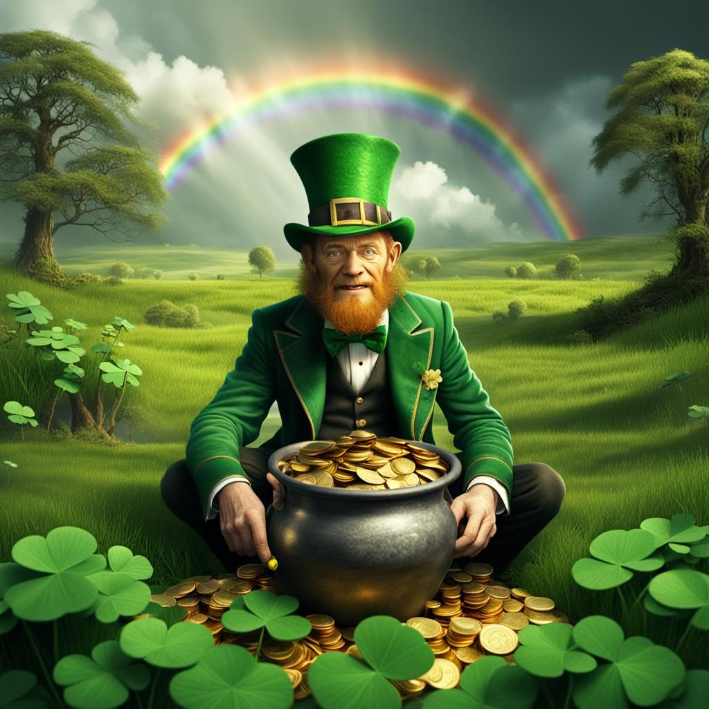 Leprechaun and Pot of Gold at Rainbow's End