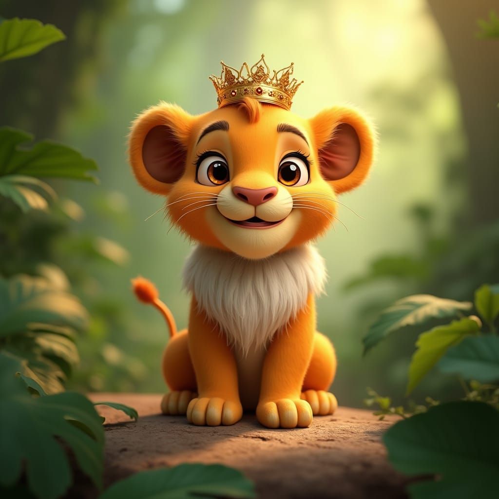 Hyper-Realistic 3D Cartoon Baby Lion with Crown