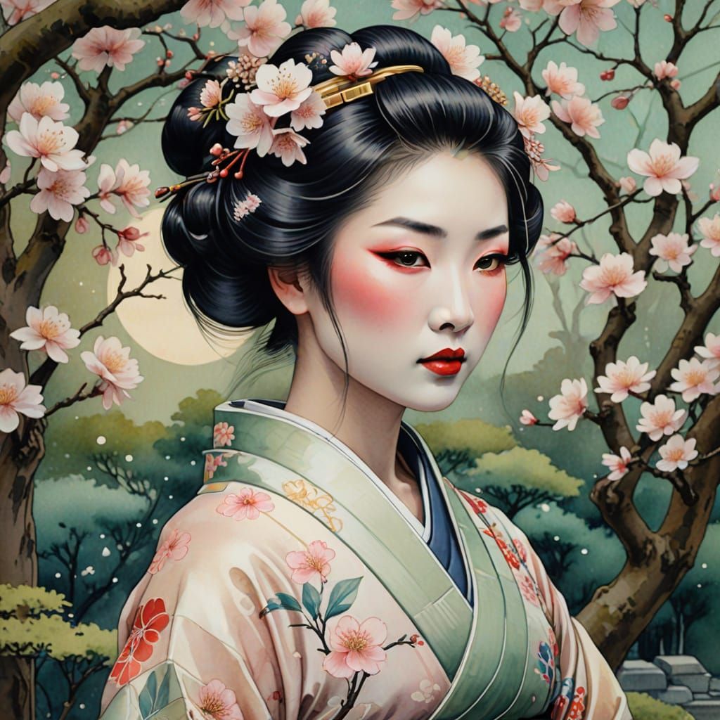 Geisha in Moonlit Garden: Art Nouveau Watercolor