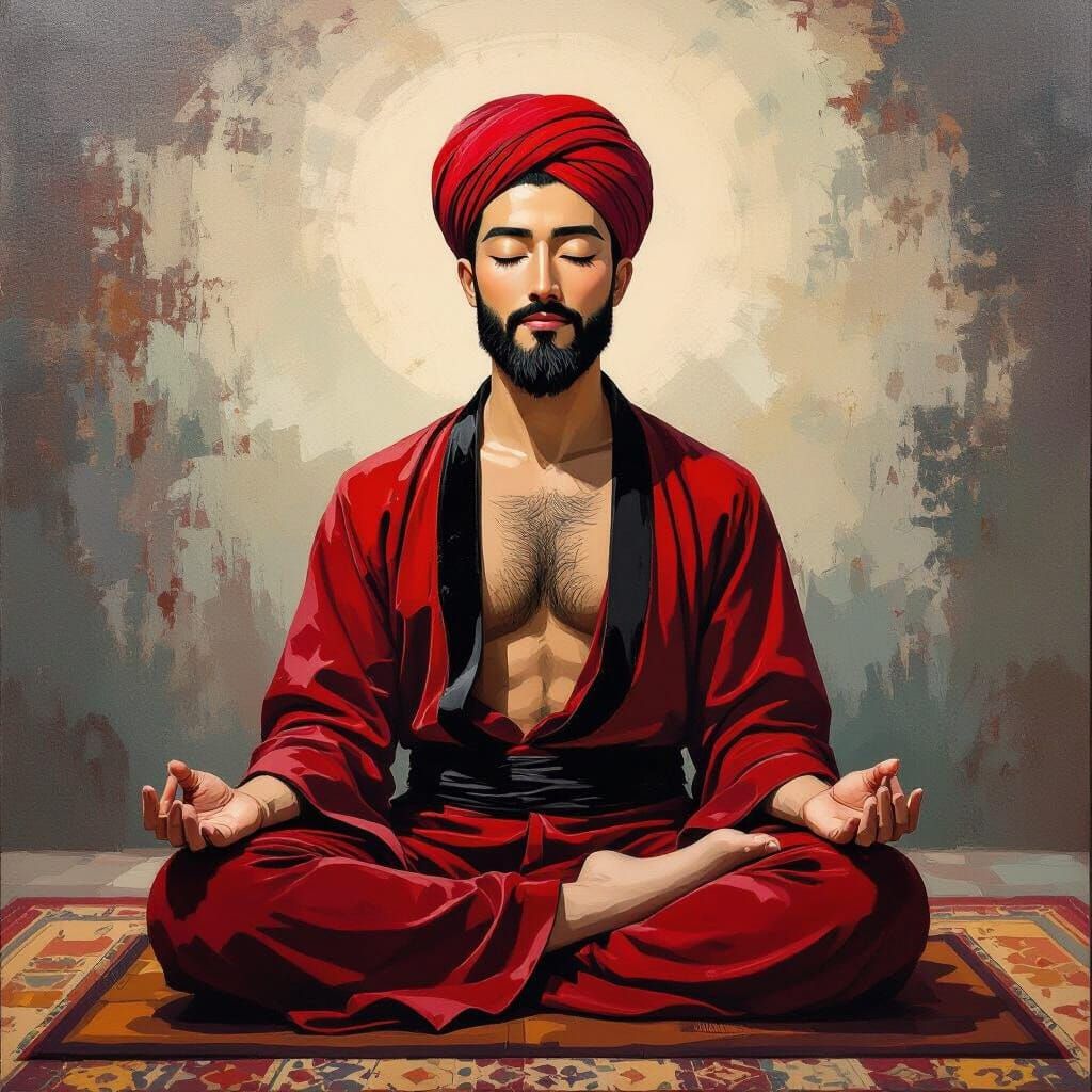 Serene Monk Meditating in Abstract Oil Painting Style