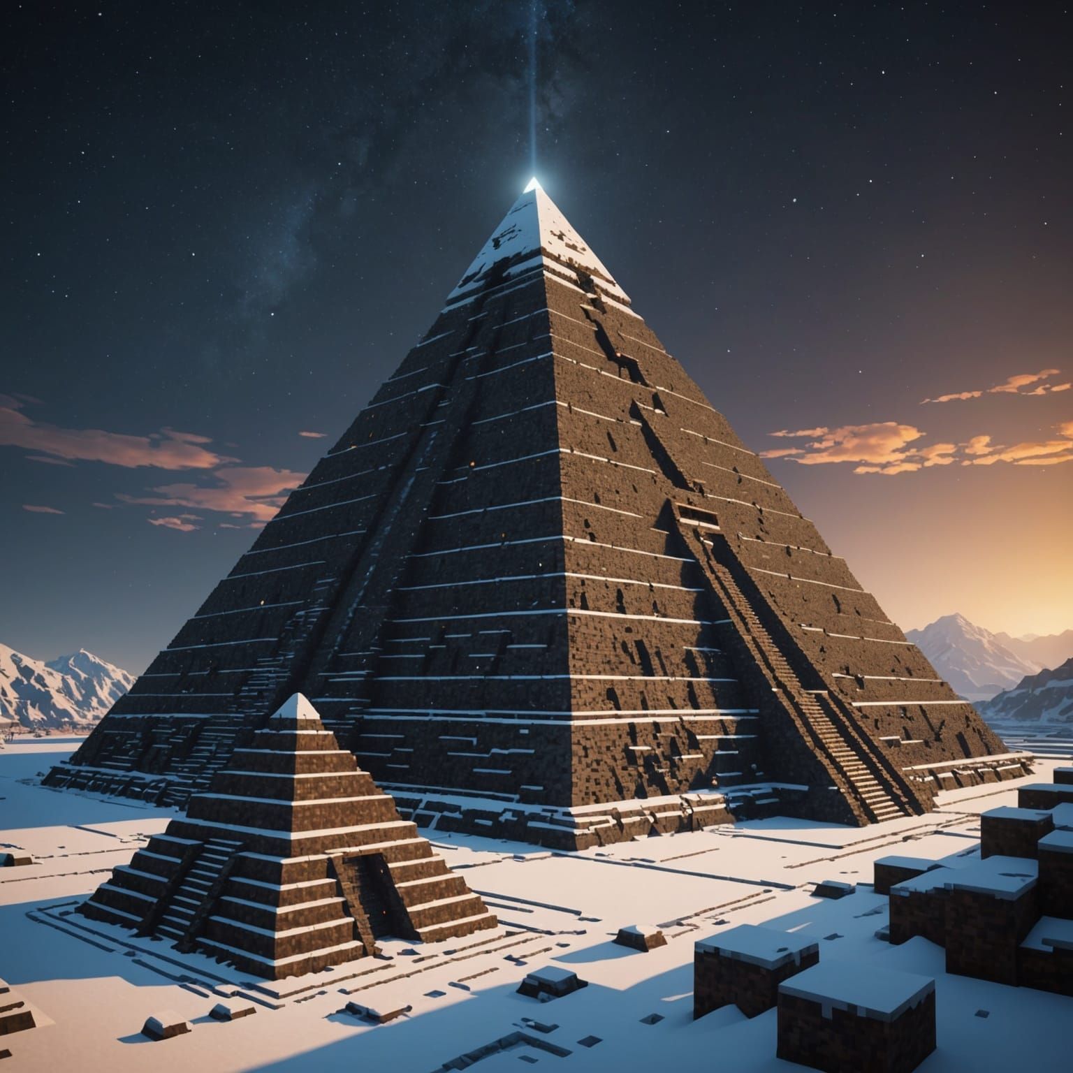 Epic Minecraft Pyramid in Snowy Wasteland Under Aurora