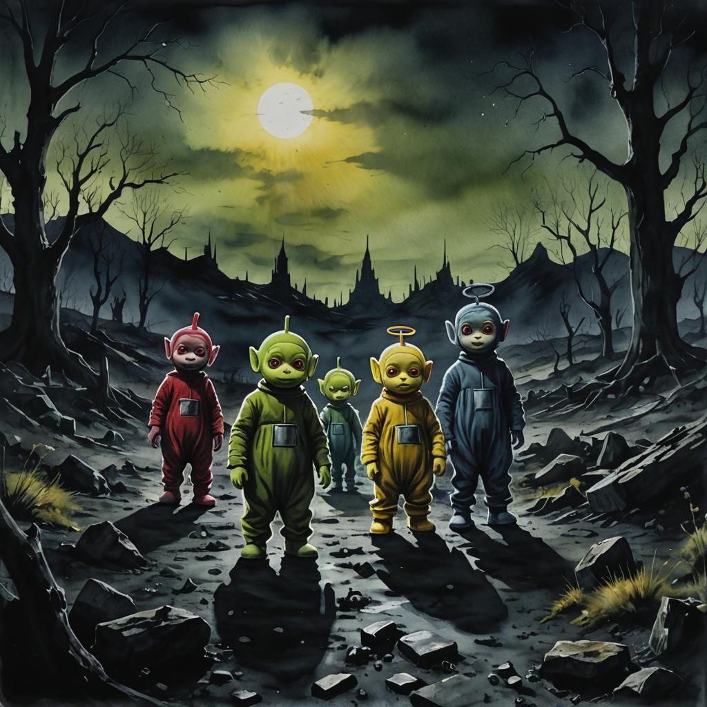Teletubbies in Sinister Cinematic Watercolor Landscape