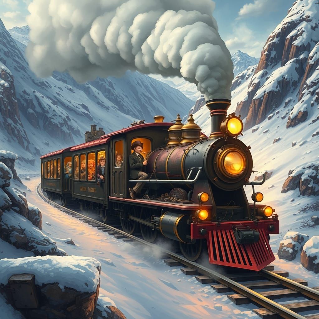 Steampunk Train Journey Through Snowy Mountains