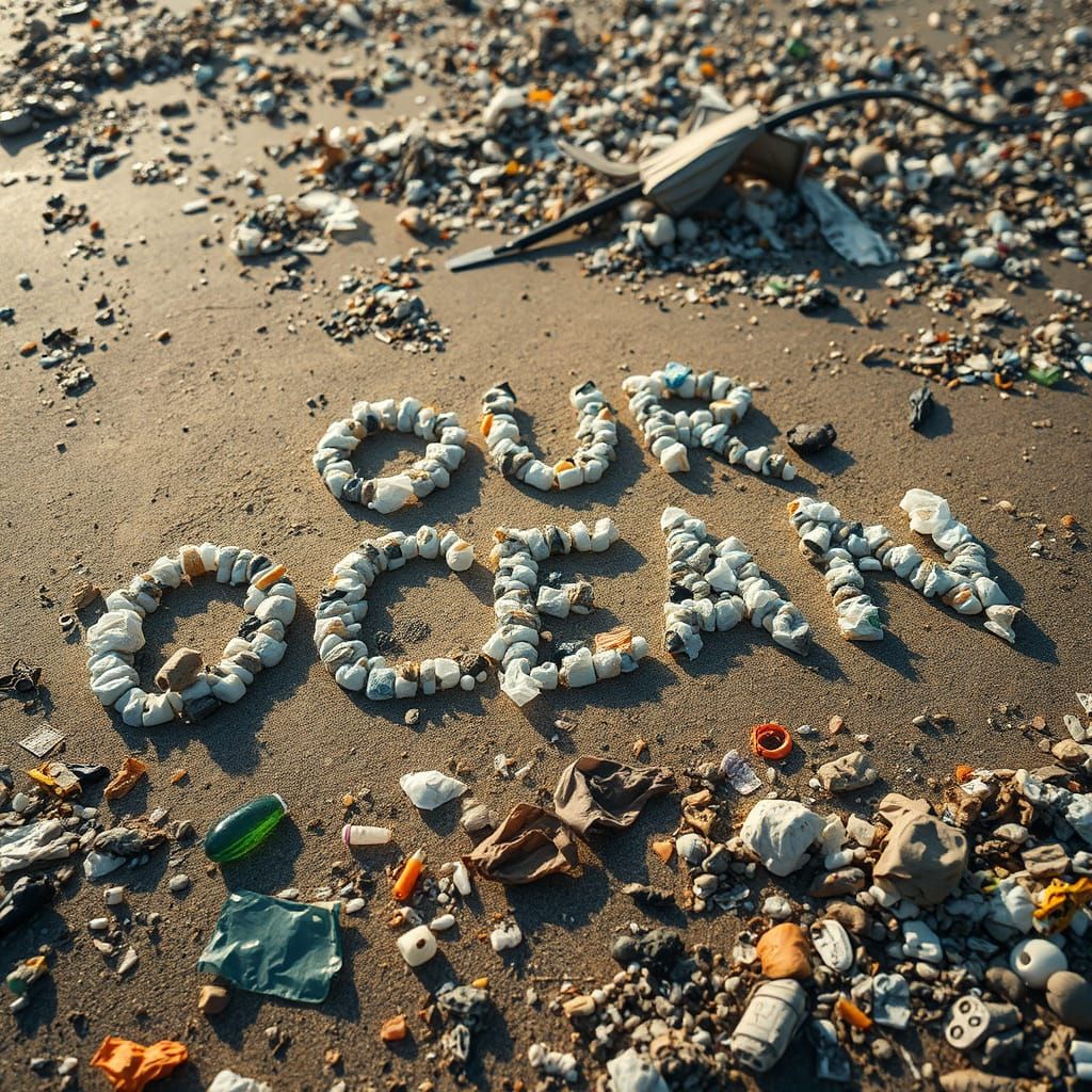 Polluted Beach with 'OUR OCEAN' Message