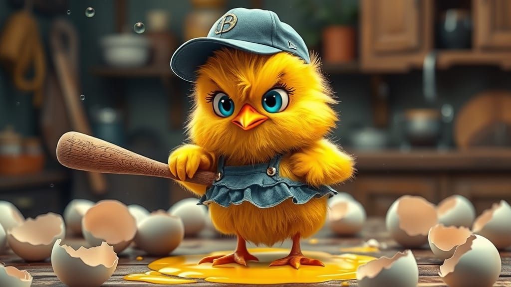 Defiant Chick with Baseball Bat in 3D Cartoon Style