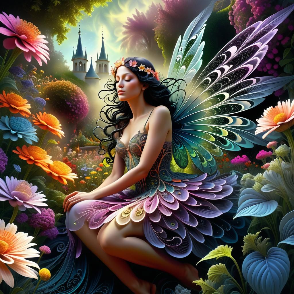 Fairy Resting in Flower Garden: Stylized Digital Art