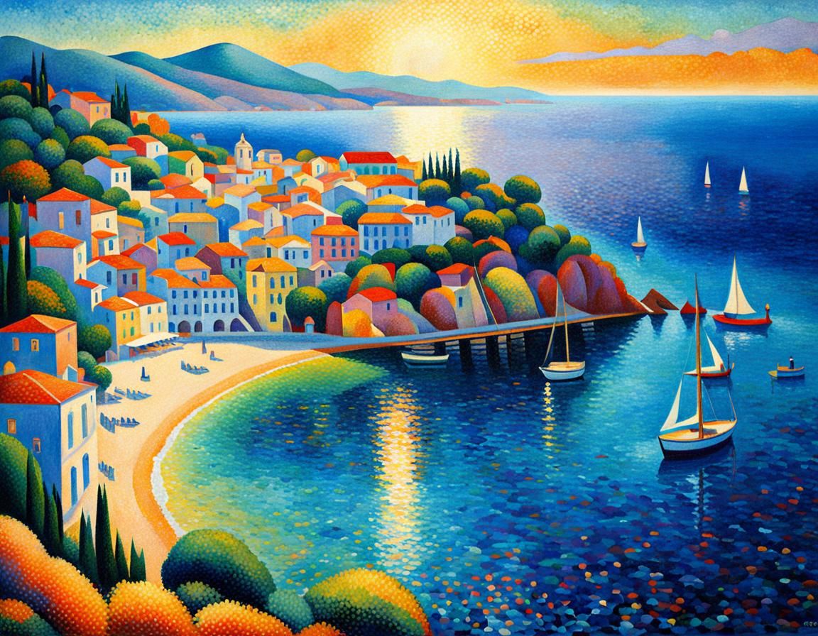 Vibrant Greek Coastal Town in Pointillism Style