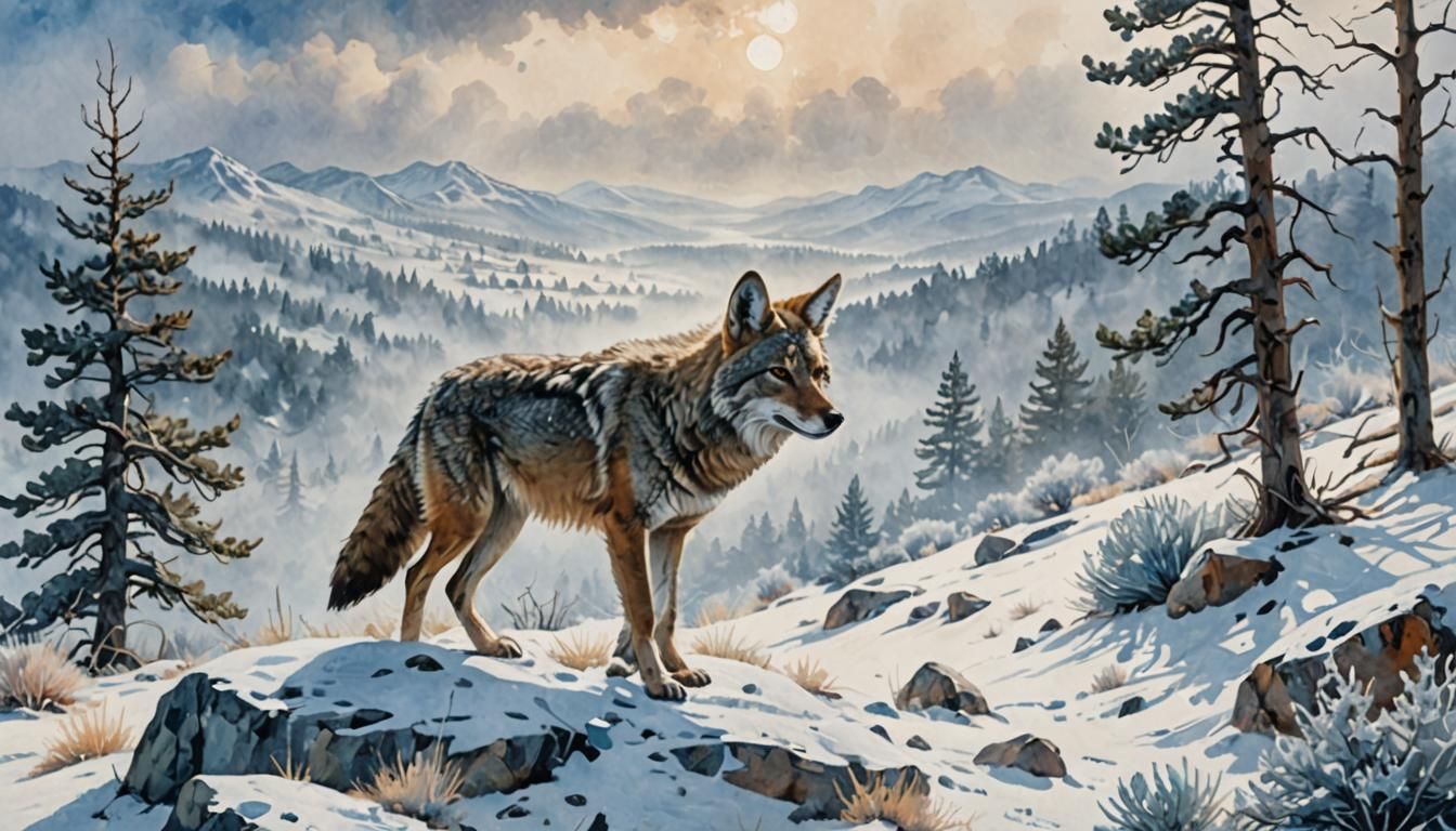 Coyote Emerges in Winter Landscape, Fauvist Style