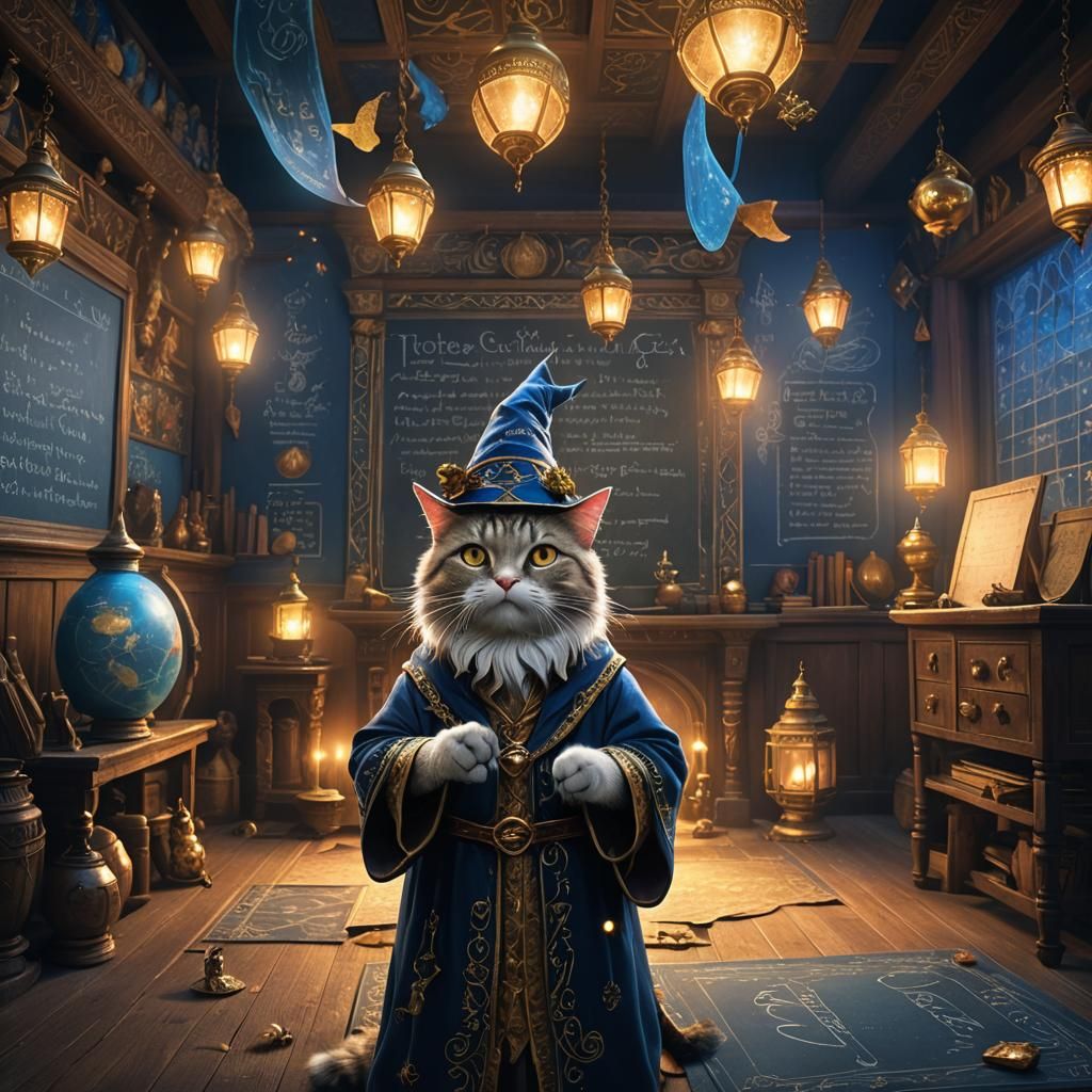 Wizard Cat Teaching Magic in Ornate Classroom
