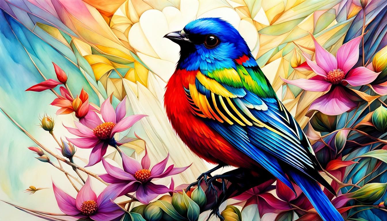 Chibi Painted Bunting in Fairytale Watercolor Art