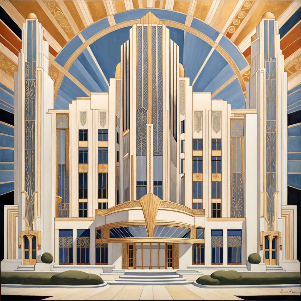 Art Deco Building with Geometric Sunburst Motifs