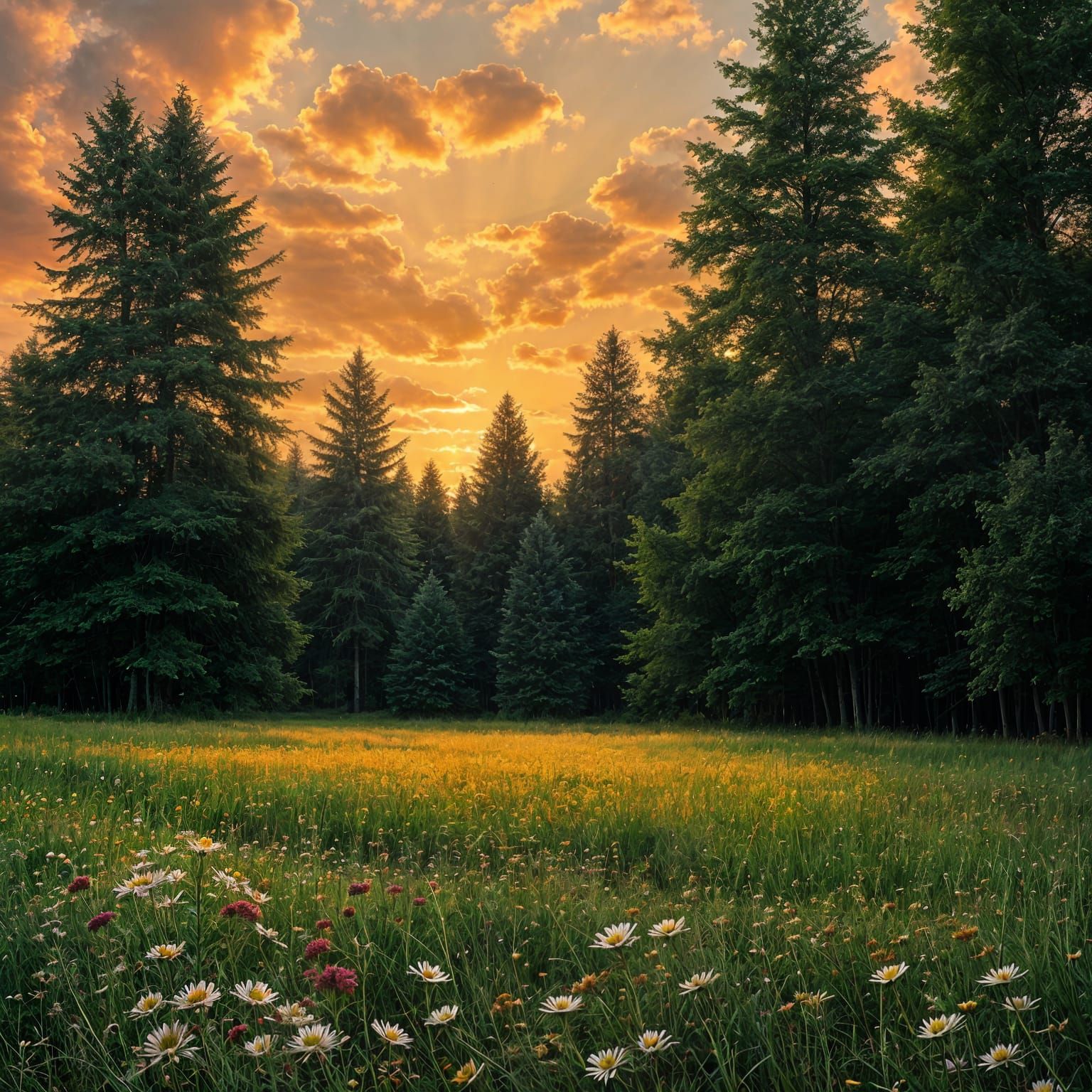 Whimsical Sunset Meadow Scene in Dark Green Tones