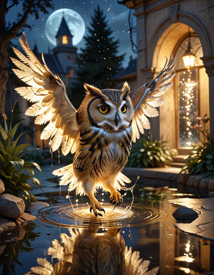 Liquid Light Owl Fountain in Moonlit Courtyard
