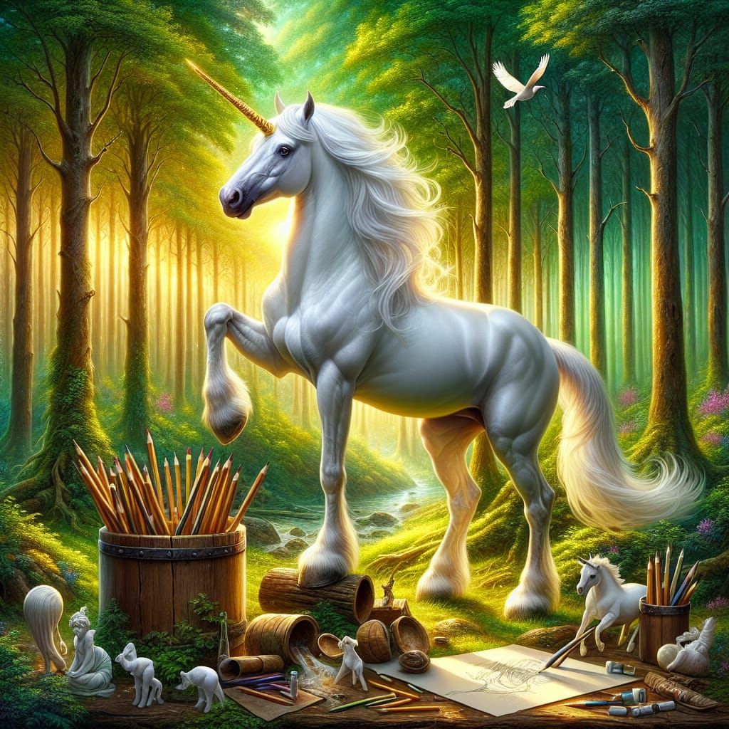 Majestic Unicorn in Enchanted Forest with Art Supplies