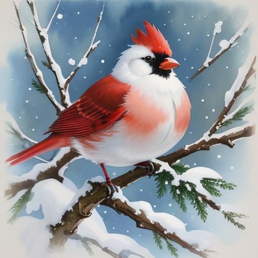 Winter Cardinal with Cones in Gouache Style