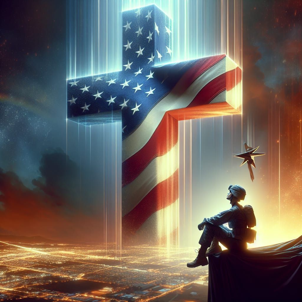 American Flag Cross with Kneeling Soldier: Digital Matte Pai...