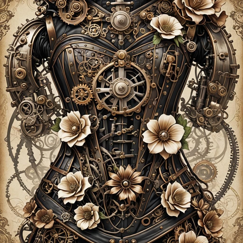 Steampunk Corset with Floral and Engine Details