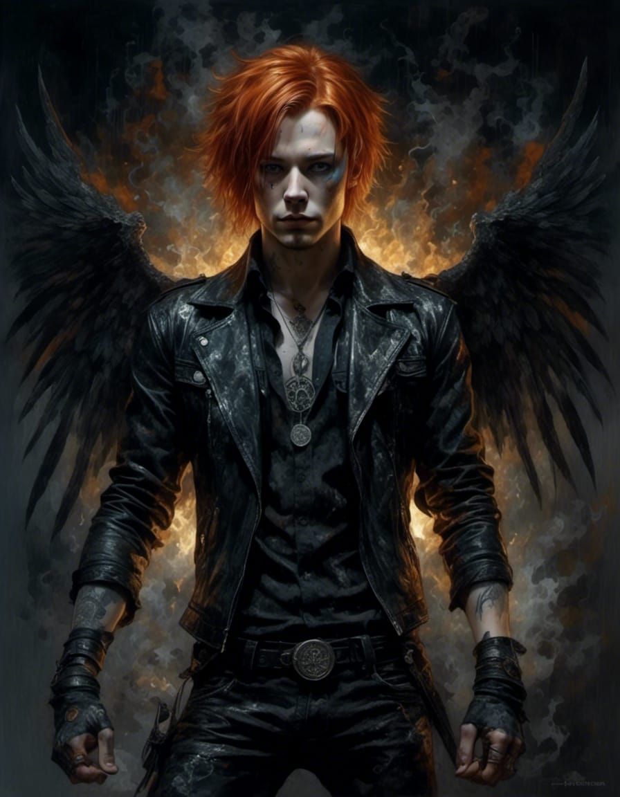 Burning Ginger-Haired Angel with Black Wings