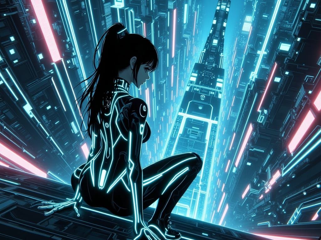 Cyberpunk Cityscape with Circuitry Bodysuit