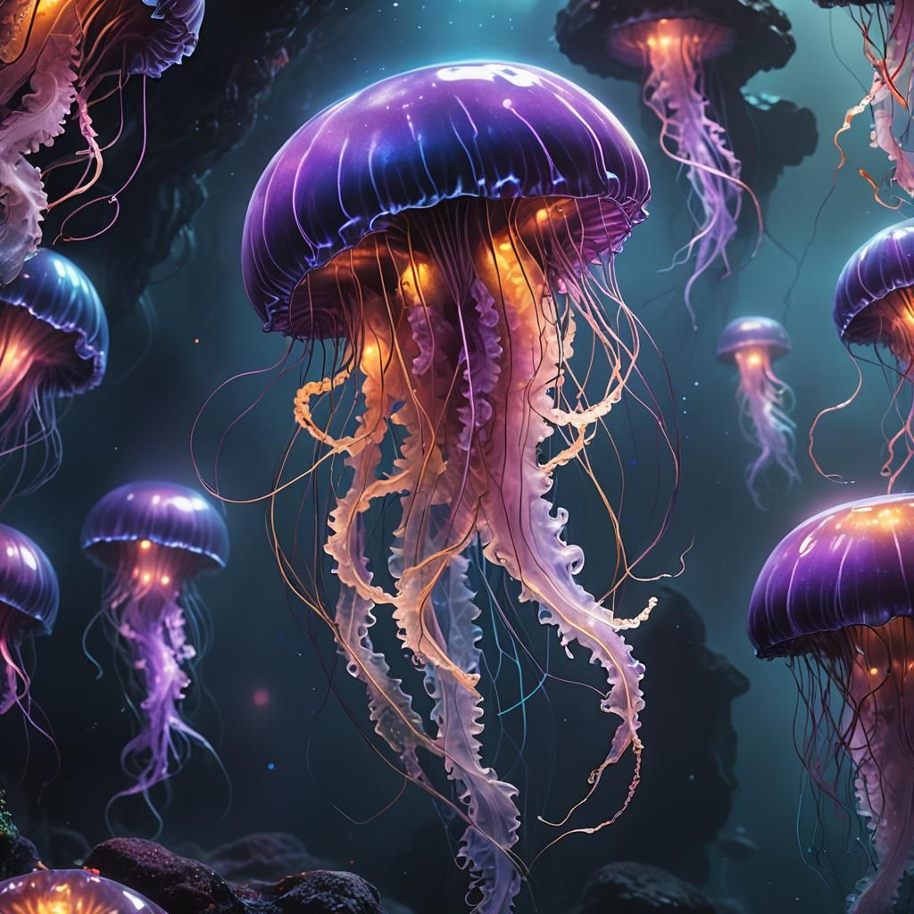 Bioluminescent Jellyfish Feast in Underwater Cave