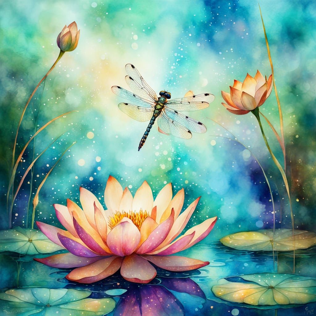 Dragonfly Amidst Lotus Blooms in a Serene Watercolor Scene